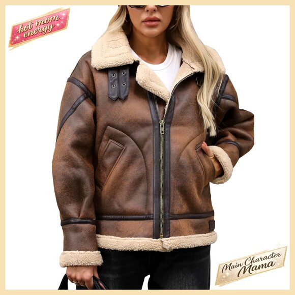 Jackets & Blazers - Faux Leather Sherpa Lined Bomber Jacket Aviator Style Winter Coat